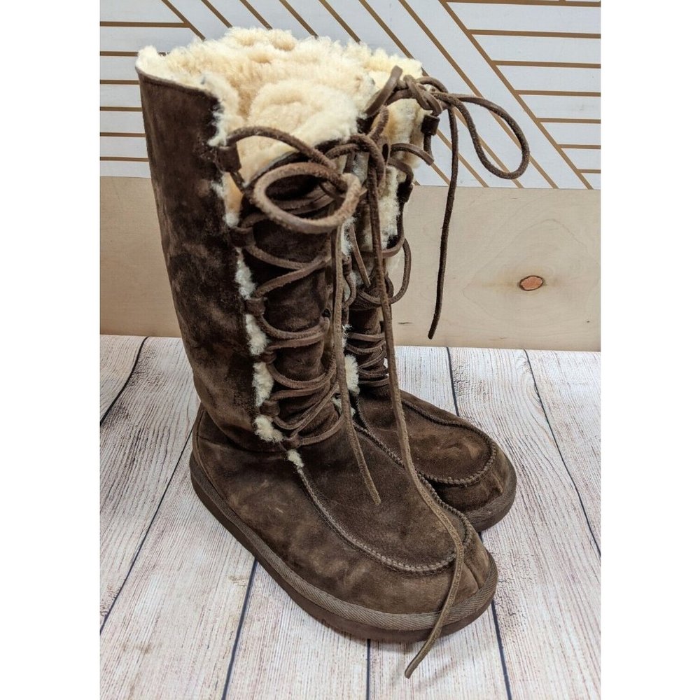 UGG Tularosa Tall Lace Up Boots Women's Brown Suede Leather Sheepskin Size 8